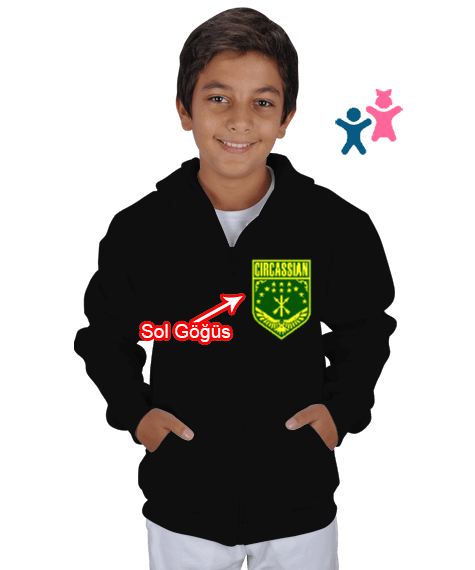 Tisho - Çerkes Bayrağı, adiga bayrağı,Çerkes logosu. Siyah Çocuk Kapüşonlu Hoodie Fermuarlı