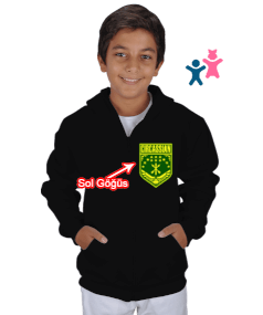 Çerkes Bayrağı, adiga bayrağı,Çerkes logosu. Siyah Çocuk Kapüşonlu Hoodie Fermuarlı - Tisho