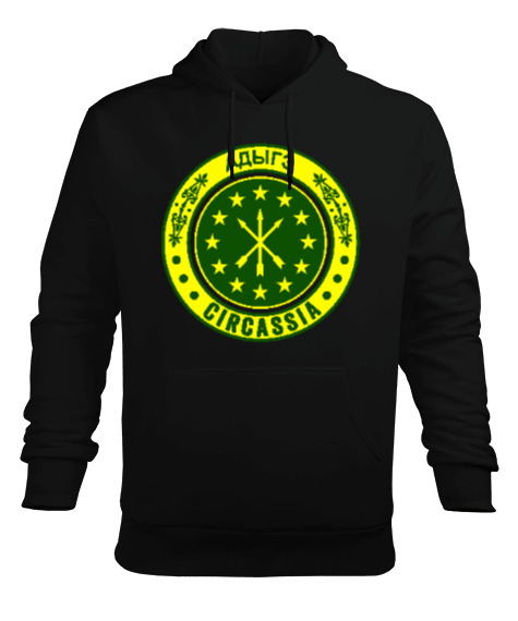 Tisho - Çerkes Bayrağı, adiga bayrağı,Çerkes logosu. Siyah Erkek Kapüşonlu Hoodie Sweatshirt