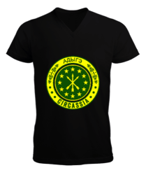 Çerkes Bayrağı, adiga bayrağı,Çerkes logosu. Siyah Erkek Kısa Kol V Yaka Tişört - Tisho