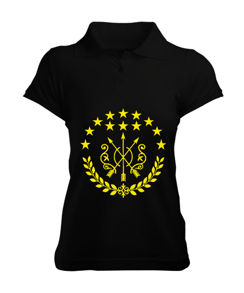 Tisho - Çerkes Bayrağı, adiga bayrağı,Çerkes logosu. Siyah Kadın Polo Yaka Tişört