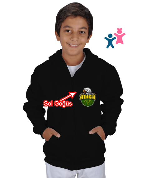 Tisho - Çerkes Bayrağı,Kafkas,adiga bayrağı,Çerkes logosu. Siyah Çocuk Kapüşonlu Hoodie Fermuarlı