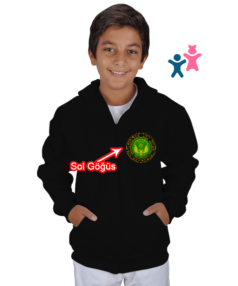 Tisho - Çerkes Bayrağı,Kafkas,adiga bayrağı,Çerkes logosu. Siyah Çocuk Kapüşonlu Hoodie Fermuarlı