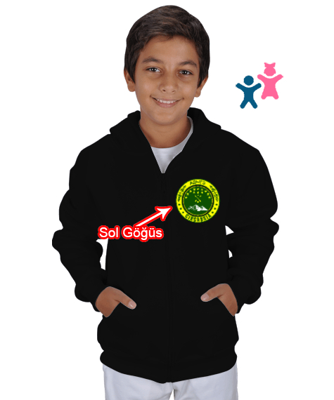 Tisho - Çerkes Bayrağı,Kafkas,adiga bayrağı,Çerkes logosu. Siyah Çocuk Kapüşonlu Hoodie Fermuarlı