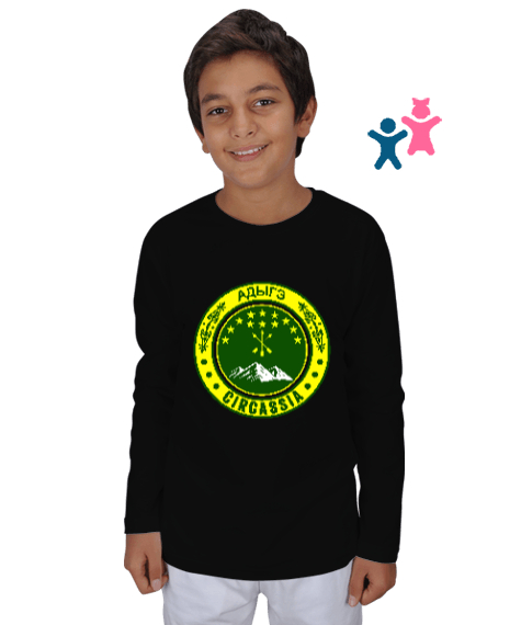 Tisho - Çerkes Bayrağı,Kafkas,adiga bayrağı,Çerkes logosu. Siyah Çocuk Unisex Uzunkollu