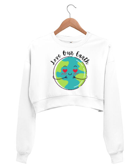Tisho - Çevreci Save the earth Beyaz Kadın Crop Sweatshirt