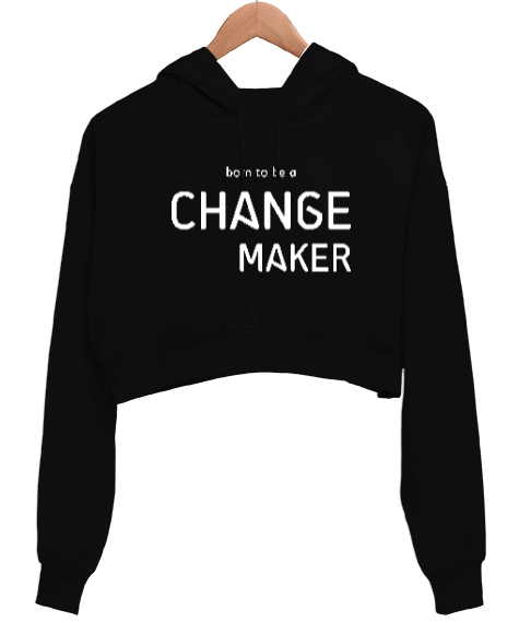 Tisho - Change Maker Siyah TiNCiR Kadın Crop Hoodie Kapüşonlu Sweatshirt