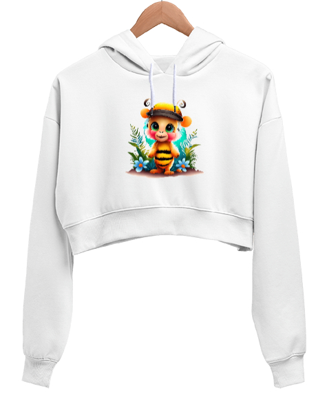 Tisho - Charming Bee Print Beyaz Kadın Crop Hoodie Kapüşonlu Sweatshirt
