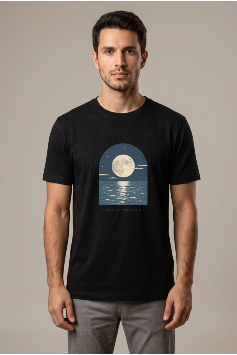 Chase the Moonlight Baskılı Erkek Bisiklet Yaka Tişört Siyah %100 Pamuk - Tisho