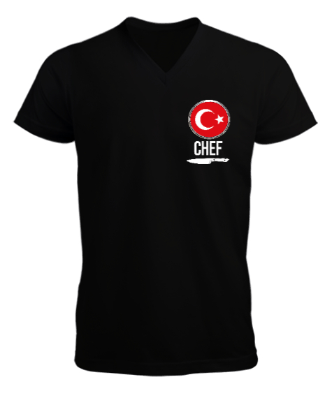 Tisho - Chef Baskılı Aşçı Siyah Erkek Kısa Kol V Yaka Tişört