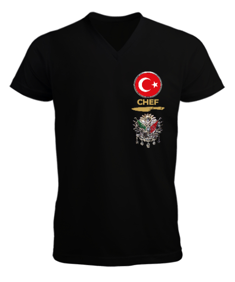 Tisho - Chef Yazılı Türk Bayraklı Osmanlı Logolu Siyah Erkek Kısa Kol V Yaka Tişört