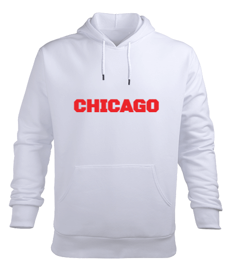 Tisho - CHICAGO Baskılı Beyaz Erkek Kapüşonlu Hoodie Sweatshirt