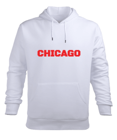 Tisho - CHICAGO Baskılı Beyaz Erkek Kapüşonlu Hoodie Sweatshirt