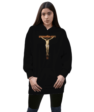 Tisho - Christ Crucified Kadın Uzun Hoodie Kapüşonlu Sweatshirt