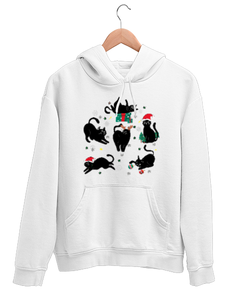 Tisho - Christmas Cats Beyaz Unisex Kapşonlu Sweatshirt