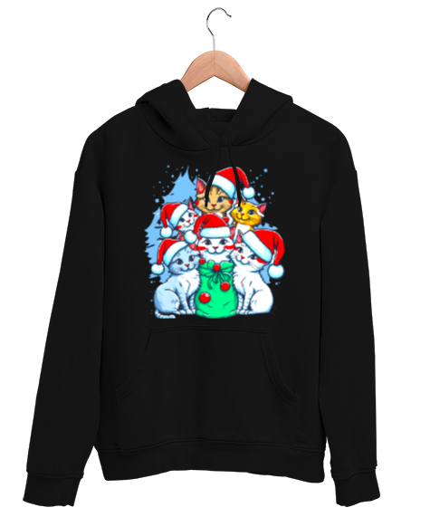 Tisho - Christmast Cat Siyah Unisex Kapşonlu Sweatshirt