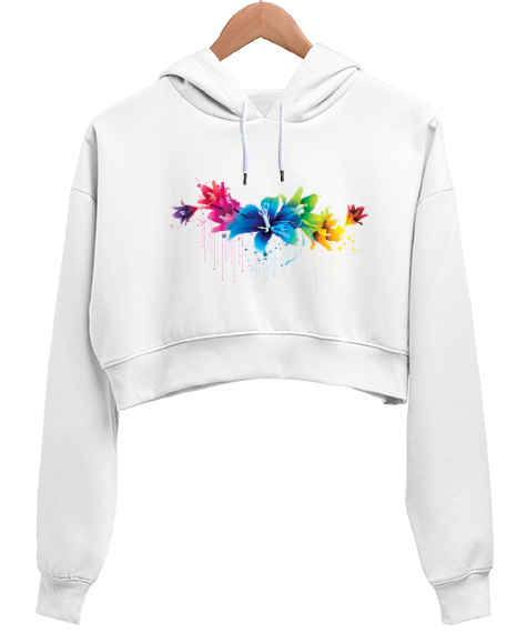 Tisho - Çiçek Baskılı Beyaz Kadın Crop Hoodie Kapüşonlu Sweatshirt