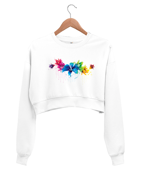Tisho - Çiçek baskılı Beyaz Kadın Crop Sweatshirt