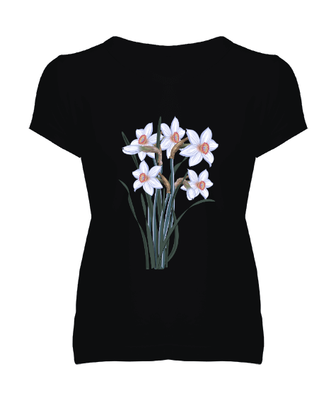 Tisho - çiçek baskılı siyah bayan tişört Kadın V Yaka Tişört