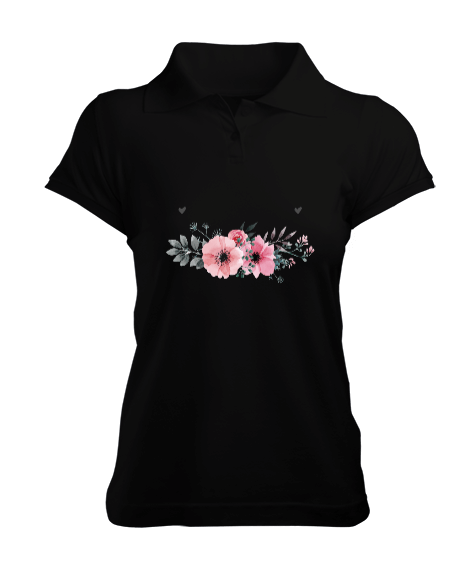 Tisho - Çiçek Desenli Siyah Kadın Polo Yaka Tişört Kadın Polo Yaka Tişört