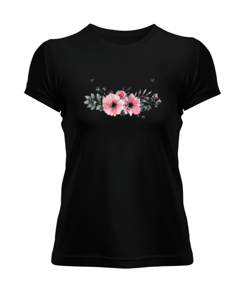 Tisho - Çiçek Desenli Siyah Kadın Tişörtü Kadın Tişört
