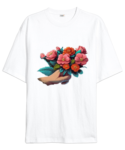 Tisho - Çiçek Desenli Tasarım Beyaz Oversize Unisex Tişört