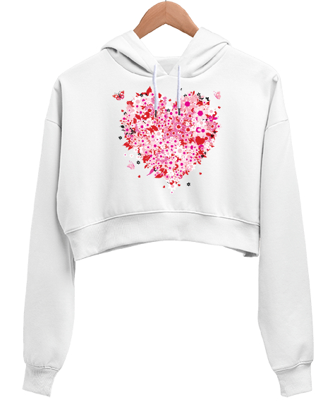 Tisho - Çiçek Kalp Tasarımlı Sevgililer Günü 14 Şubat Baskılı Beyaz Kadın Crop Hoodie Kapüşonlu Sweatshirt