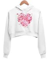 Çiçek Kalp Tasarımlı Sevgililer Günü 14 Şubat Baskılı Beyaz Kadın Crop Hoodie Kapüşonlu Sweatshirt - Tisho
