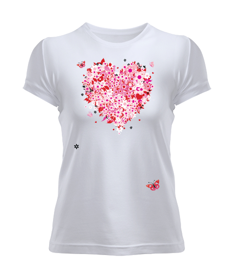 Tisho - Çiçek Kalp Tasarımlı Sevgililer Günü 14 Şubat Baskılı Beyaz Kadın Tişört