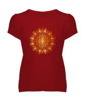 Çiçek Süsleme V2 Kırmızı Kadın V Yaka Tişört - Tisho