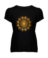 Çiçek Süsleme V2 Siyah Kadın V Yaka Tişört - Tisho