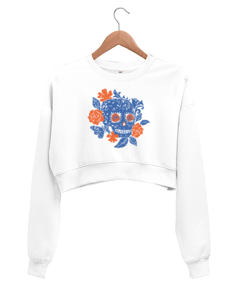 Tisho - Çicek ve Kurukafa - Flower Skull Beyaz Kadın Crop Sweatshirt