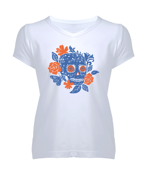 Tisho - Çicek ve Kurukafa - Flower Skull Beyaz Kadın V Yaka Tişört
