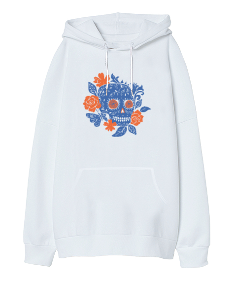 Tisho - Çicek ve Kurukafa - Flower Skull Beyaz Oversize Unisex Kapüşonlu Sweatshirt