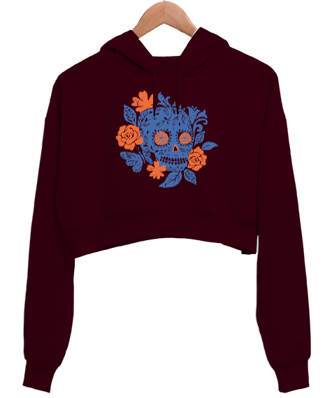 Tisho - Çicek ve Kurukafa - Flower Skull Bordo Kadın Crop Hoodie Kapüşonlu Sweatshirt