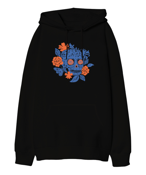 Tisho - Çicek ve Kurukafa - Flower Skull Siyah Oversize Unisex Kapüşonlu Sweatshirt