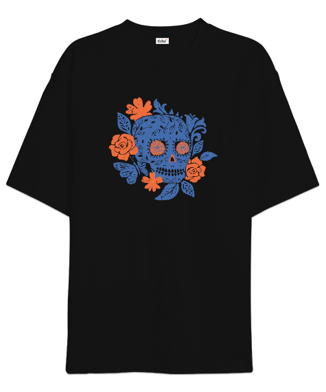 Tisho - Çicek ve Kurukafa - Flower Skull Siyah Oversize Unisex Tişört