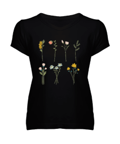 Tisho - Çiçekler Kadın V Yaka Tişört