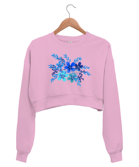 Tisho - Çiçekler Pembe Kadın Crop Sweatshirt