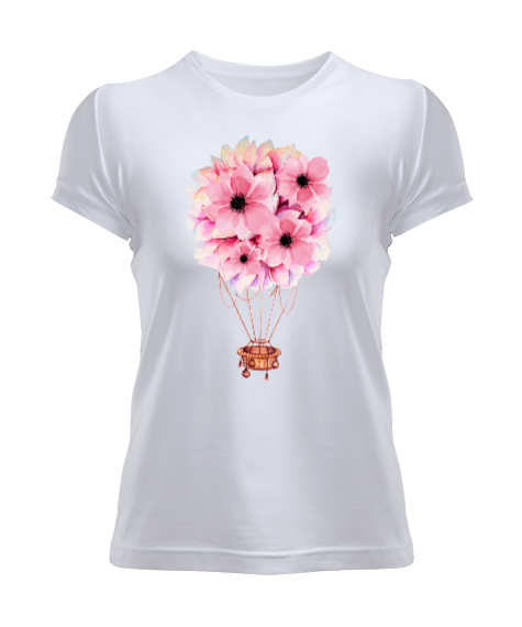 Tisho - Çiçekli Hava Balonu Beyaz Kadın Tişört