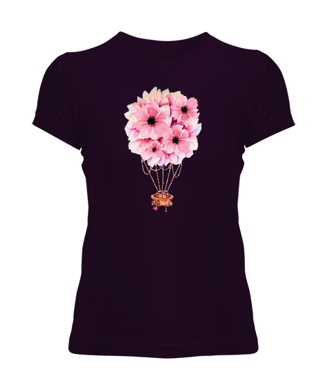 Tisho - Çiçekli Hava Balonu Koyu Mor Kadın Tişört