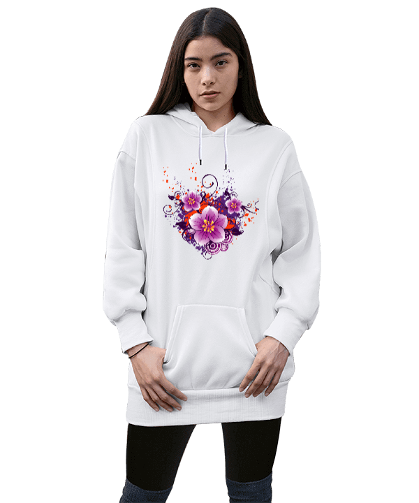 Tisho - Çiçekli Kadın Uzun Hoodie Kapüşonlu Sweatshirt