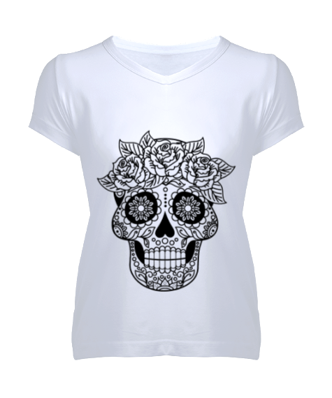 Tisho - Çiçekli Kafatası Kadın V Yaka Tişört