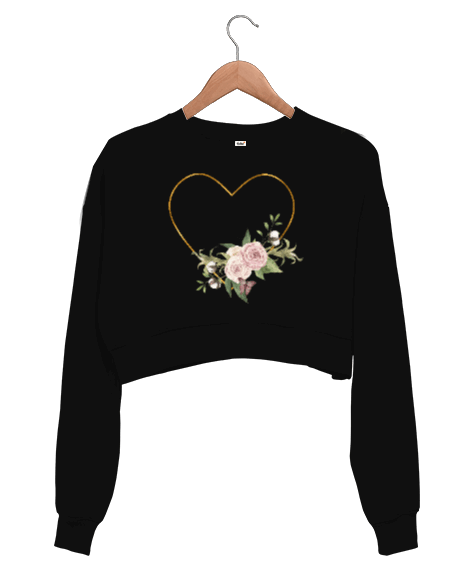 Tisho - Çiçekli Kalp Baskılı Kadın Crop Sweatshirt