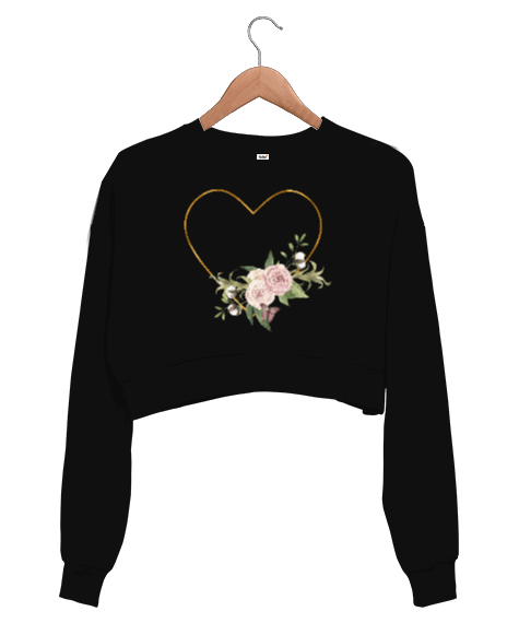Çiçekli Kalp Baskılı Kadın Crop Sweatshirt - Tisho