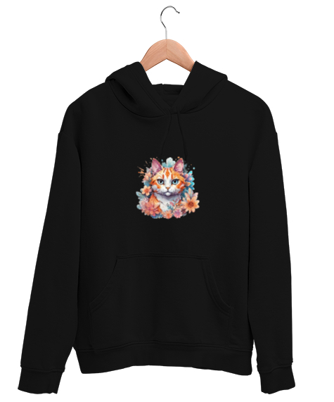 Tisho - çiçekli kedi Siyah Unisex Kapşonlu Sweatshirt