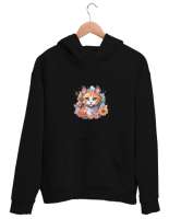 çiçekli kedi Siyah Unisex Kapşonlu Sweatshirt - Tisho