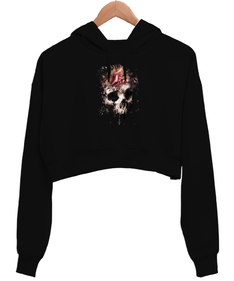 Tisho - Çiçekli Kurukafa - Skull Sırt Taraflı Siyah Kadın Crop Hoodie Kapüşonlu Sweatshirt