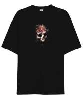 Çiçekli Kurukafa - Skull Sırt Taraflı Siyah Oversize Unisex Tişört - Thumbnail