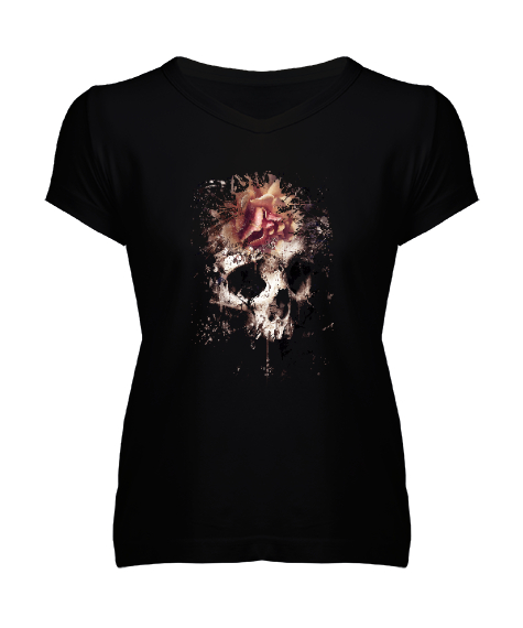 Tisho - Çiçekli Kurukafa - Skull Siyah Kadın V Yaka Tişört